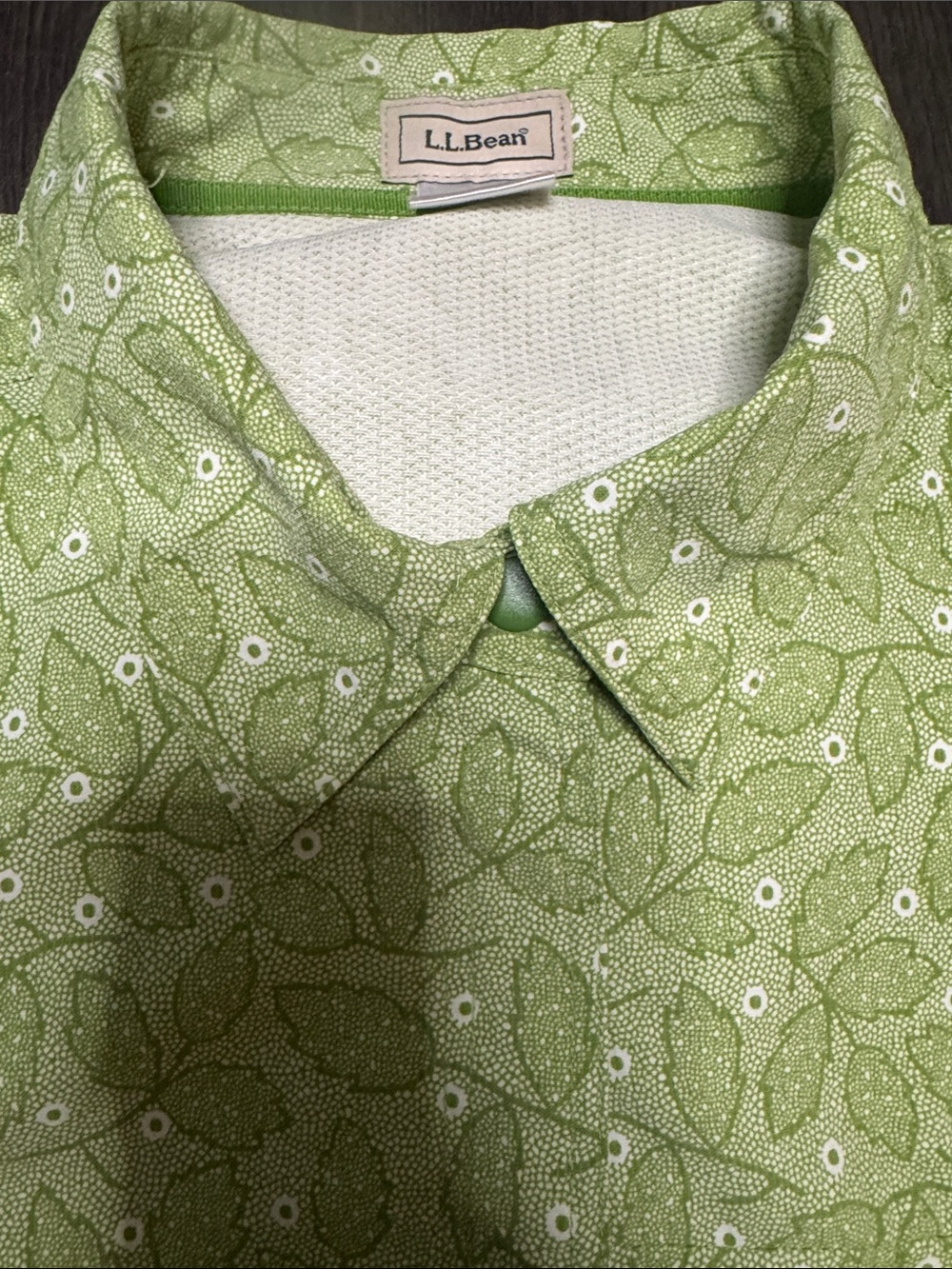 L.L. Bean Light Green Leaf-Print Button Down Shirt